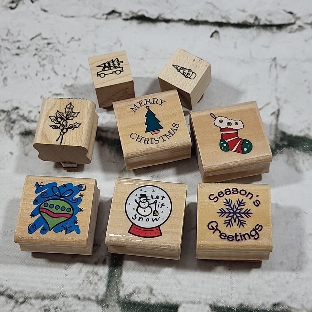 Christmas Rubber Stamps‎ Mini 1" Wood Mounted Holiday Lot Of 8 Crafts